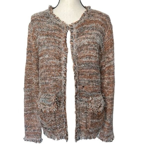 Sioni Womens Open Front Brown White Frayed Hem Textured Cardigan w/ Sequins - Picture 1 of 13